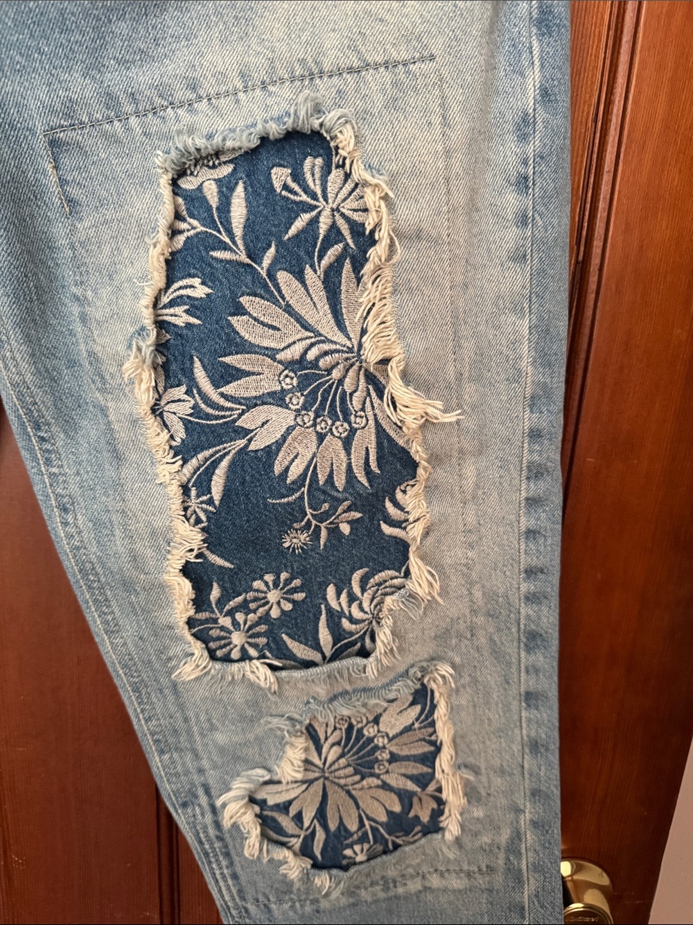 We the Free Relaxed Light Blue Denim Jeans with Navy Floral Patchwork - Picture 3 of 5